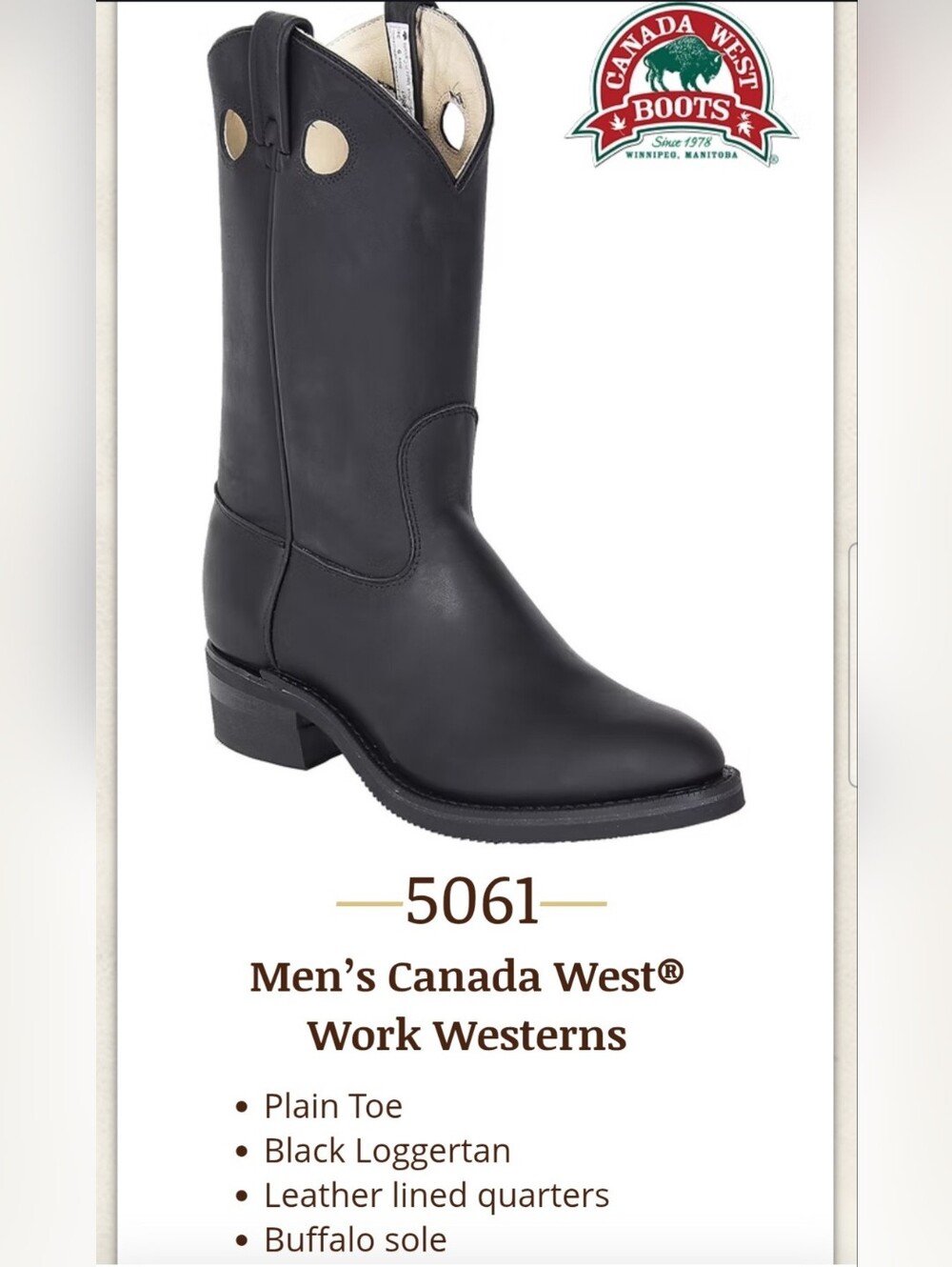 Canada West Men's 5061 Plain-Toe Work Western Boots - Size 7.5 - 3E